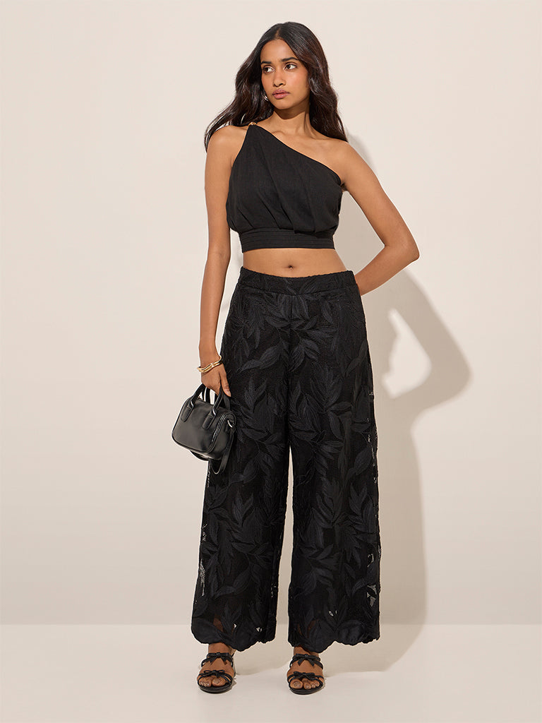 LOV Black One-Shoulder Linen-Blend Crop Top