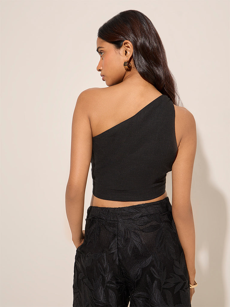 LOV Black One-Shoulder Linen-Blend Crop Top