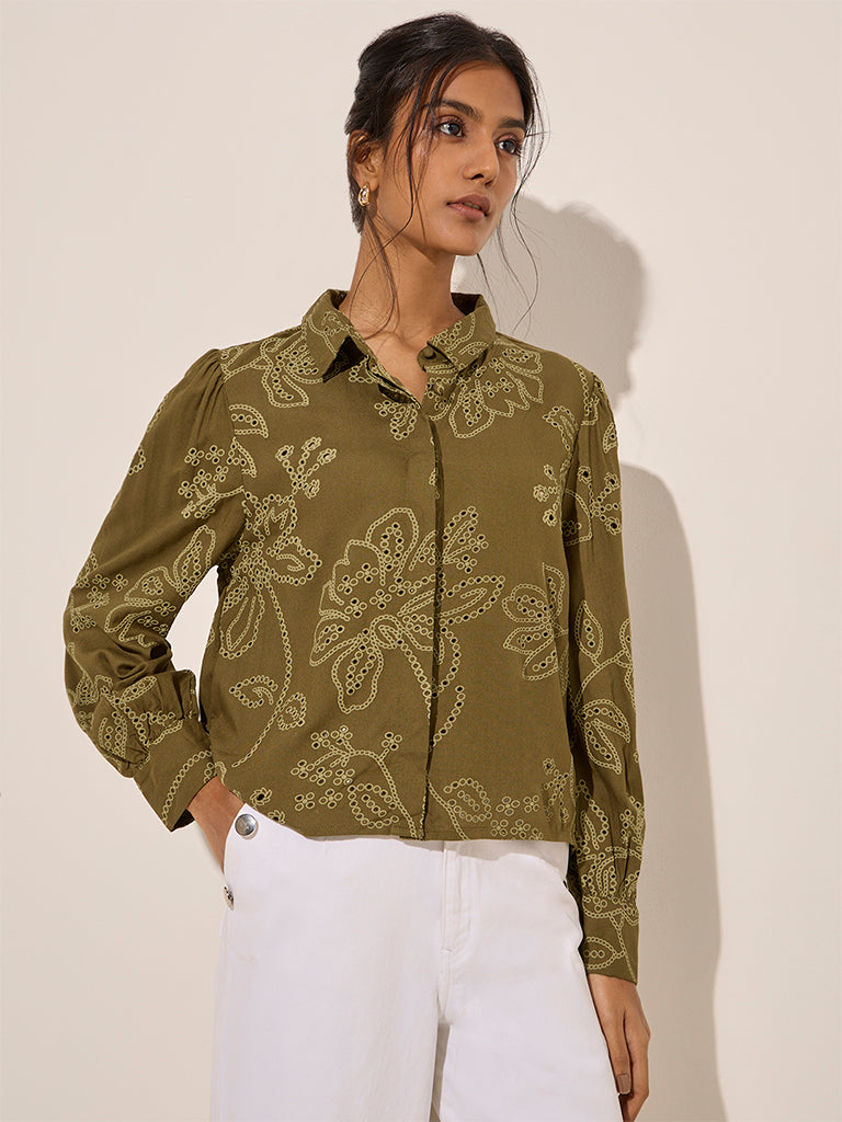 LOV Olive Floral Printed Cotton Shirt