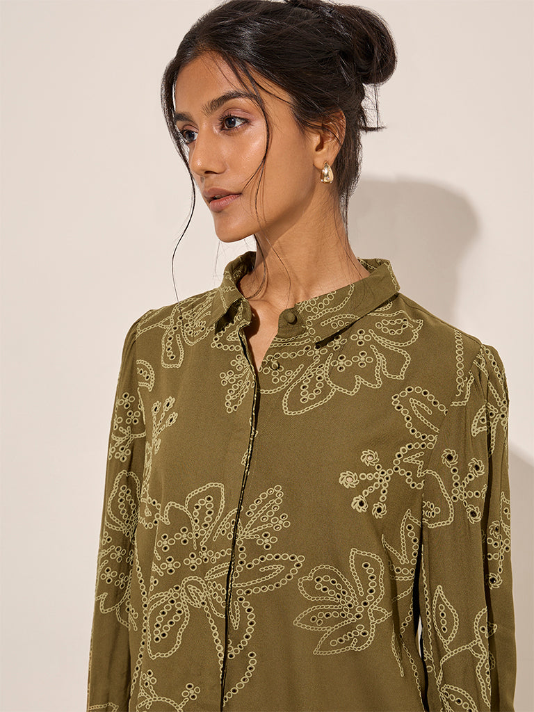 LOV Olive Floral Printed Cotton Shirt