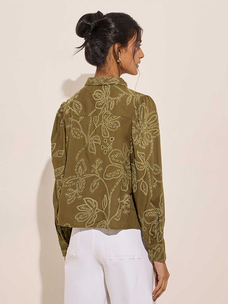 LOV Olive Floral Printed Cotton Shirt