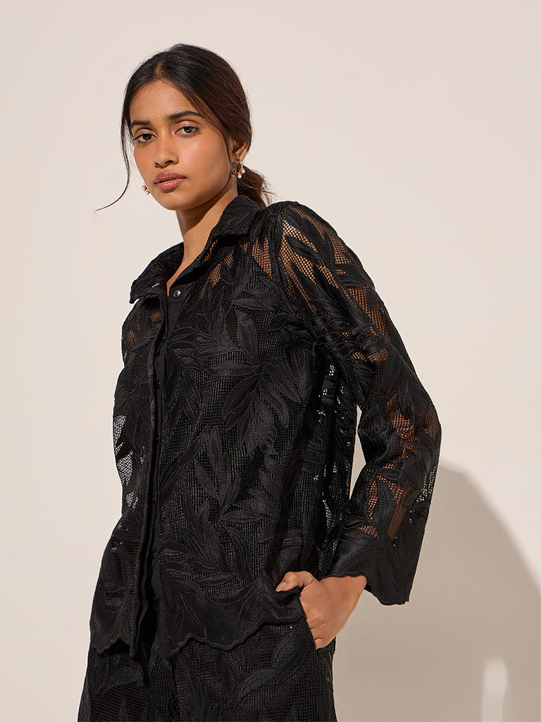 LOV Black Leaf Detailed Lace Shirt