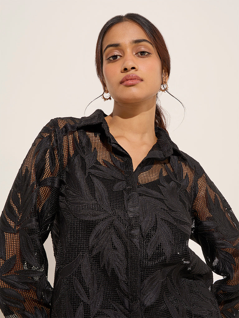 LOV Black Leaf Detailed Lace Shirt