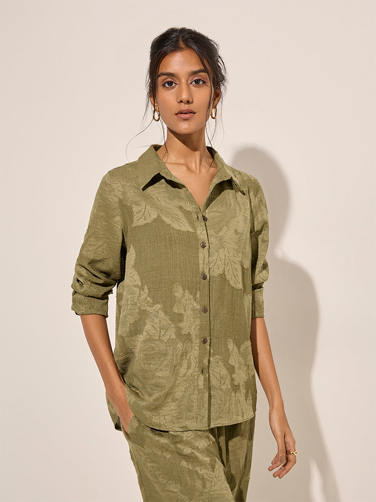 LOV Olive Floral Patterned Cotton Shirt