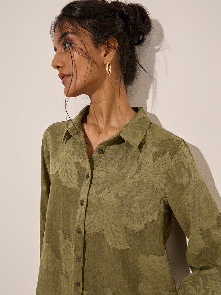 LOV Olive Floral Patterned Cotton Shirt