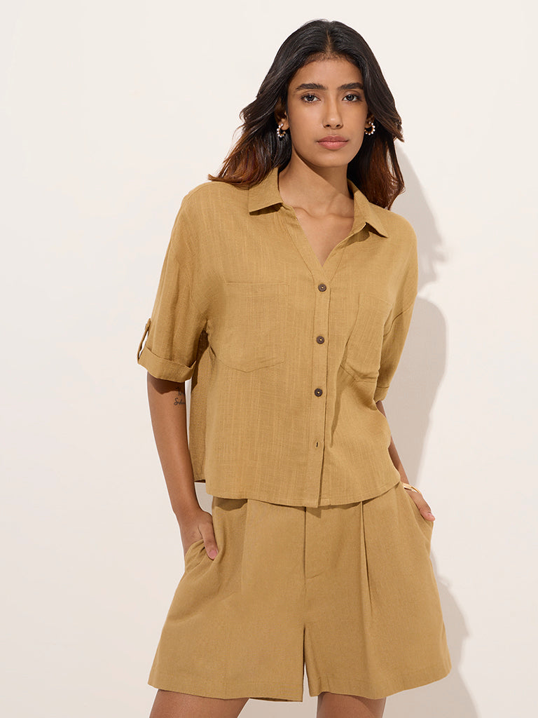 LOV Mustard Solid Linen-Blend Shirt