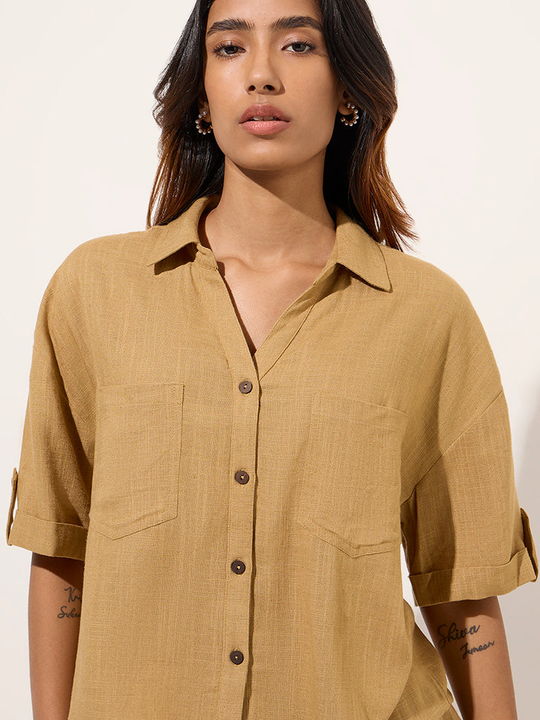 LOV Mustard Solid Linen-Blend Shirt