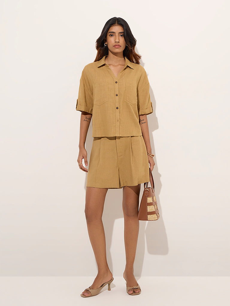 LOV Mustard Solid Linen-Blend Shirt