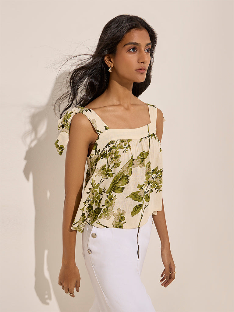 LOV Beige Botanical Printed Cotton Top