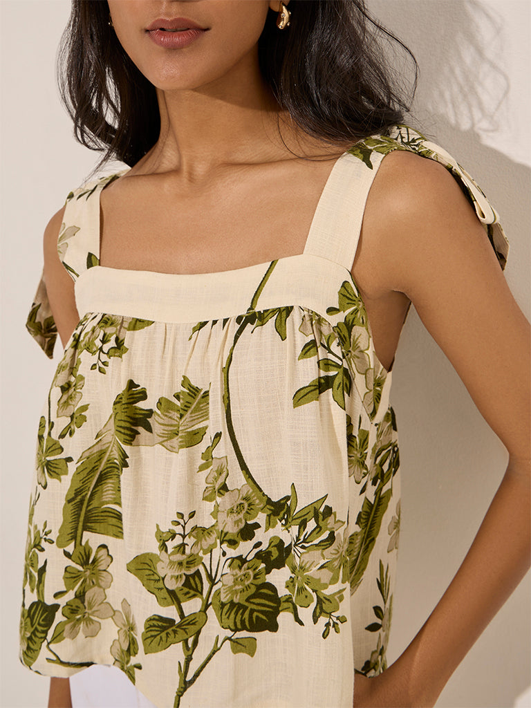 LOV Beige Botanical Printed Cotton Top