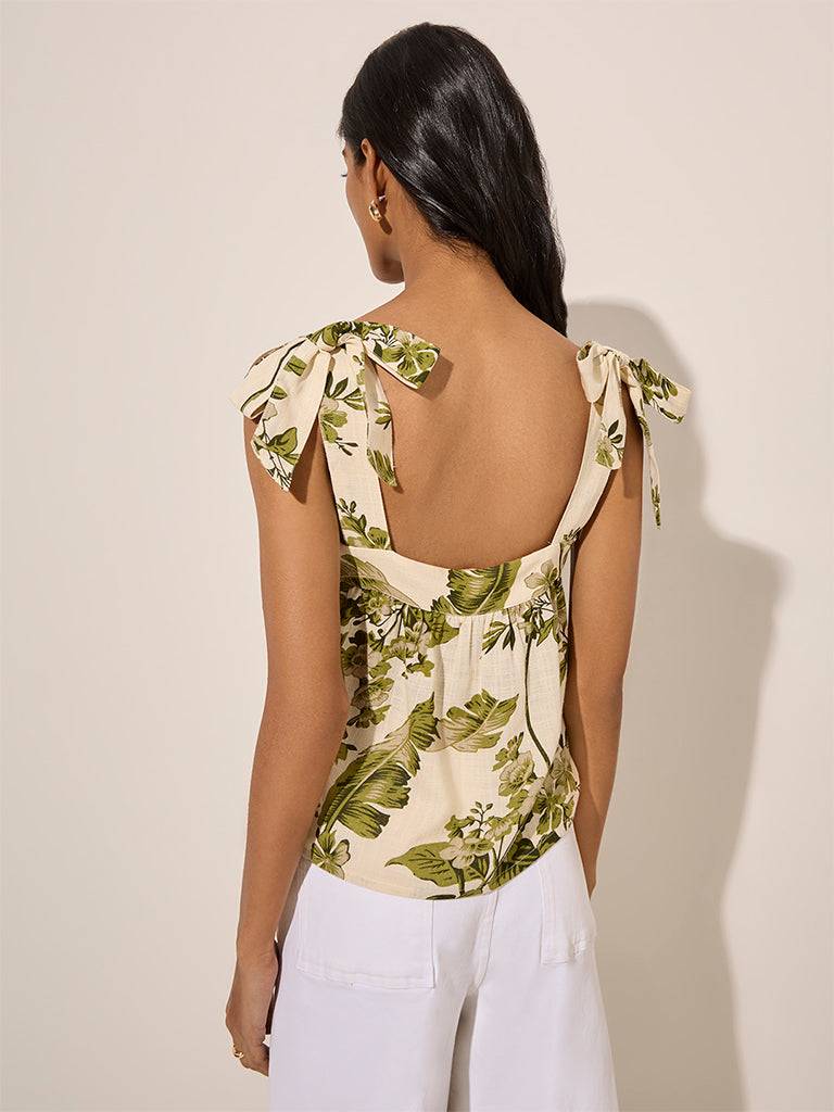 LOV Beige Botanical Printed Cotton Top