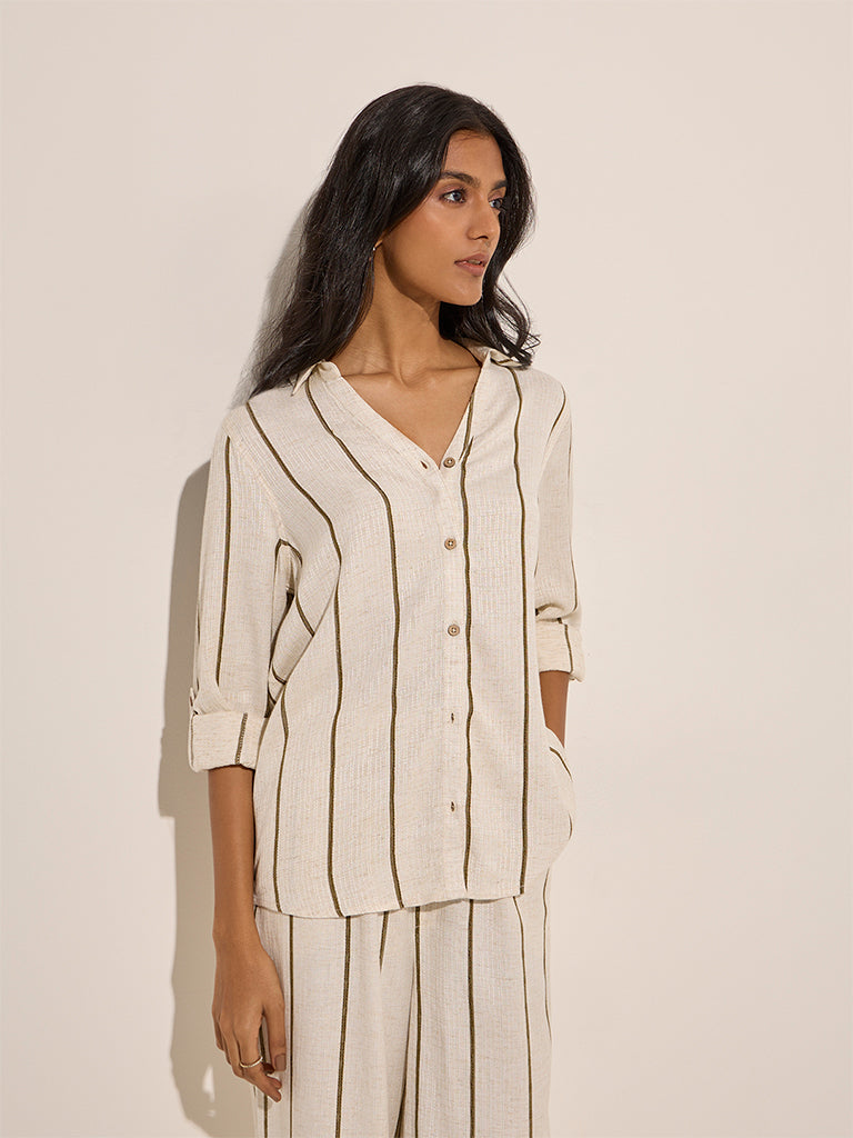 LOV Beige Striped Linen-Blend Shirt