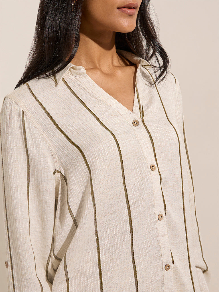 LOV Beige Striped Linen-Blend Shirt