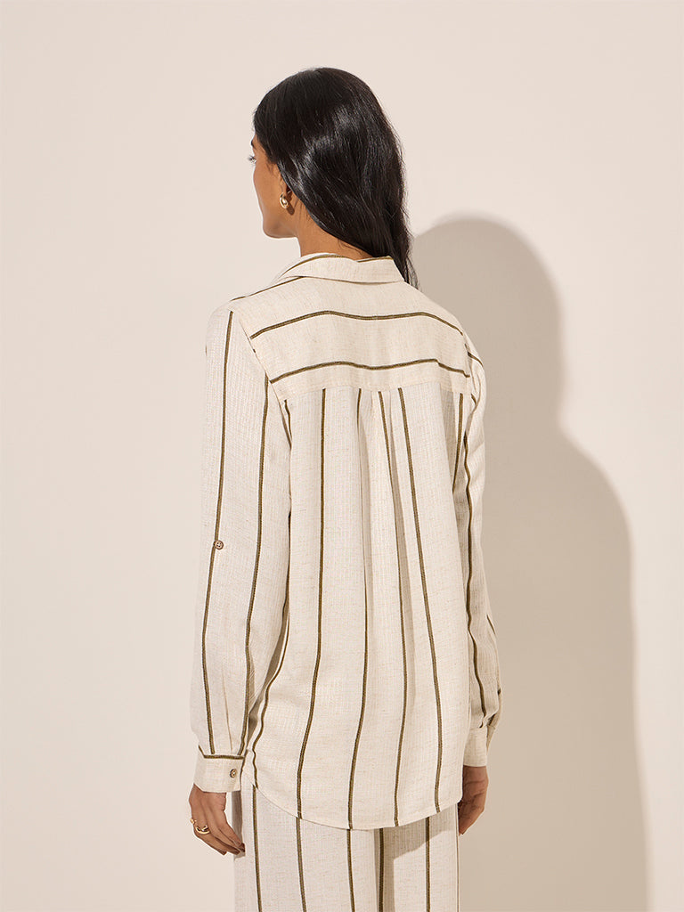 LOV Beige Striped Linen-Blend Shirt