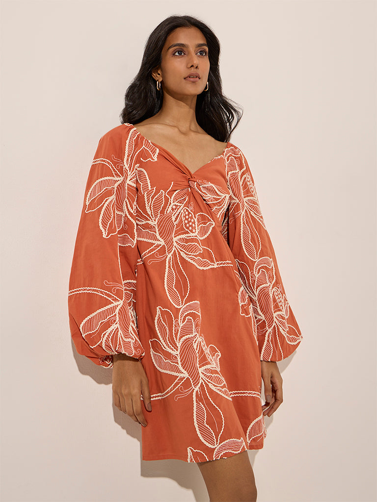 LOV Orange Floral Embroidered Cotton A-Line Dress