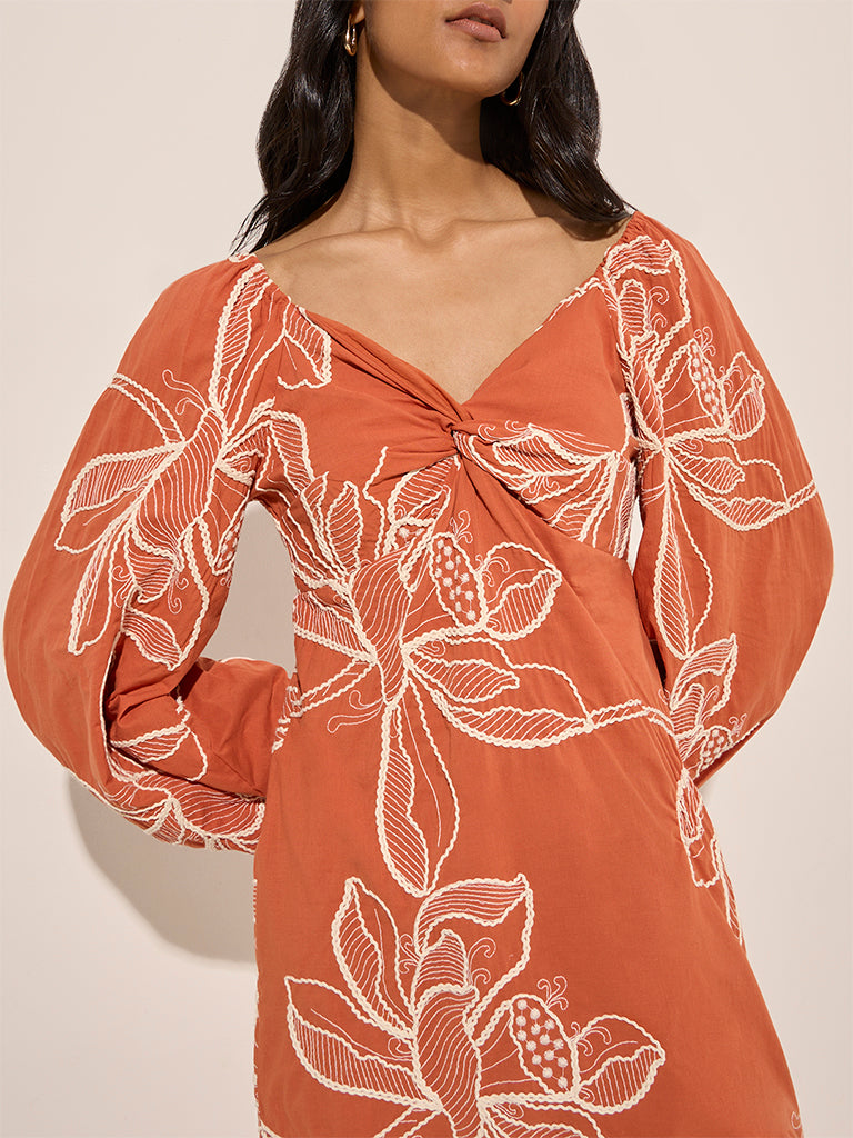 LOV Orange Floral Embroidered Cotton A-Line Dress