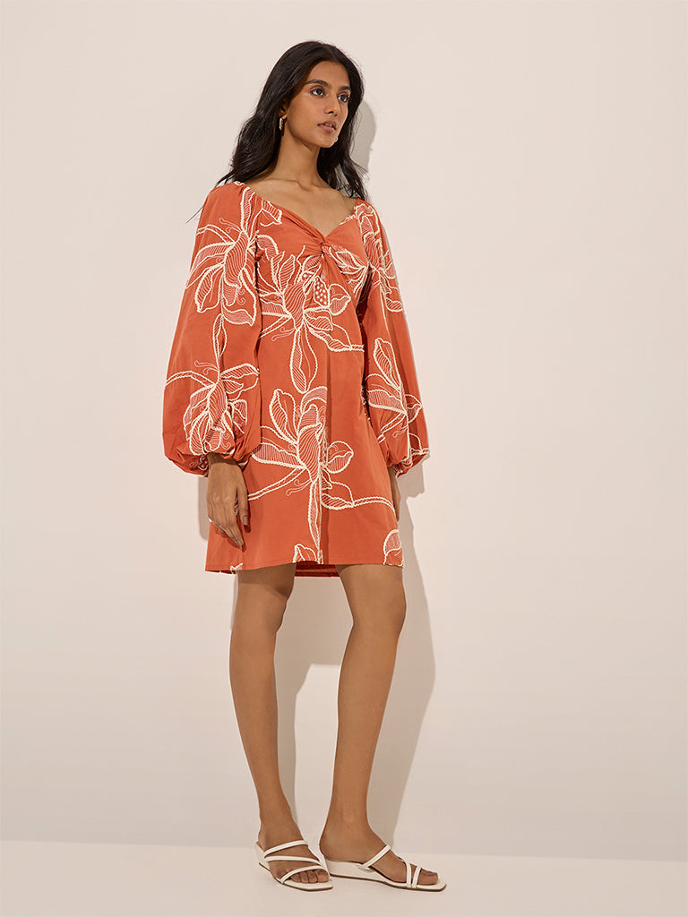 LOV Orange Floral Embroidered Cotton A-Line Dress