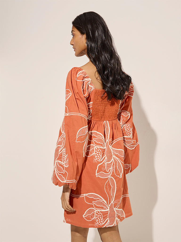 LOV Orange Floral Embroidered Cotton A-Line Dress