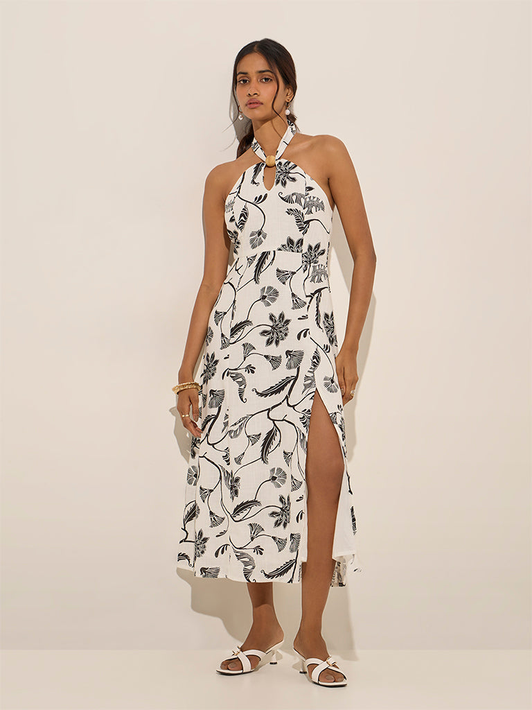 LOV White Floral Design Halter-Neck A-Line Dress