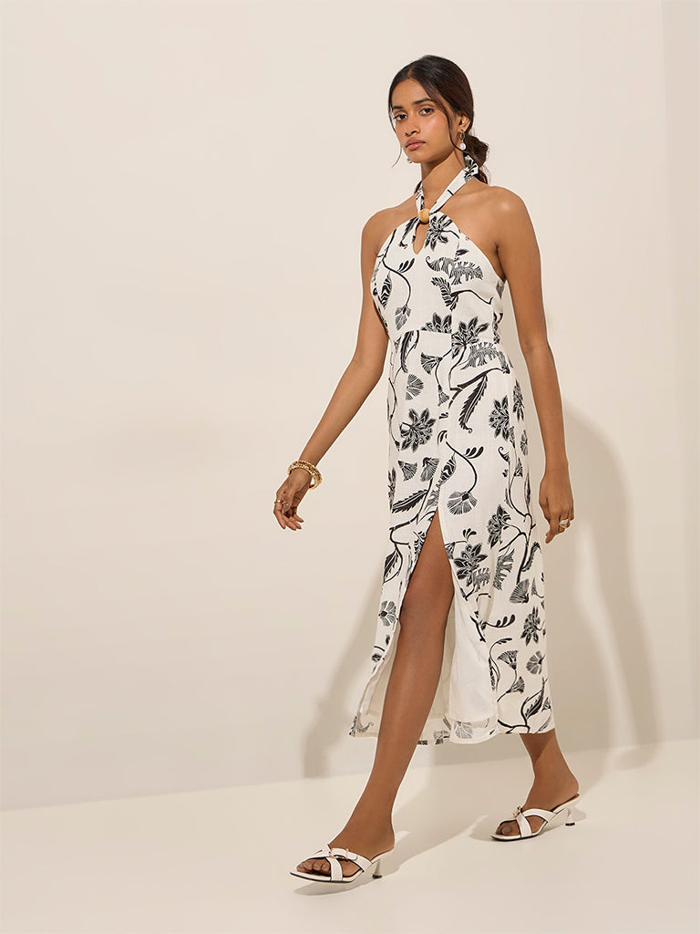 LOV White Floral Design Linen-Blend A-Line Dress