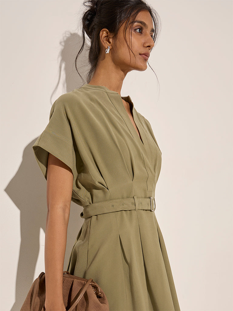 LOV Olive Solid A-Line Dress with Belt