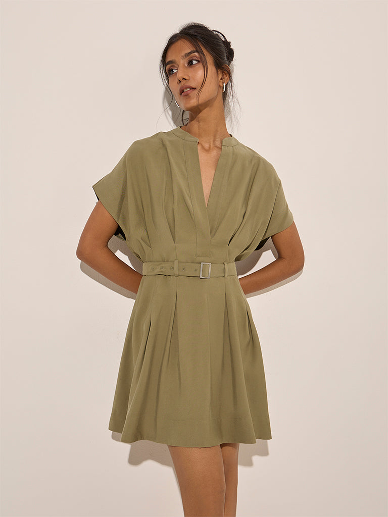 LOV Olive Solid A-Line Dress with Belt