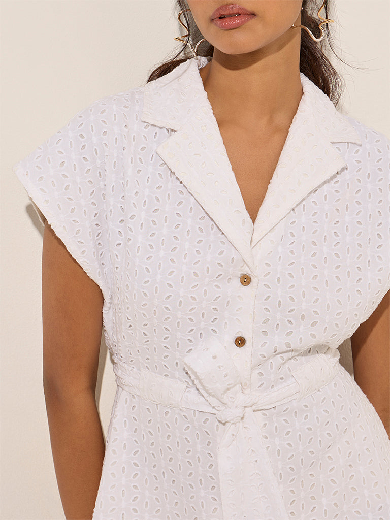 LOV White Schiffli A-Line Cotton Shirt Dress with Belt