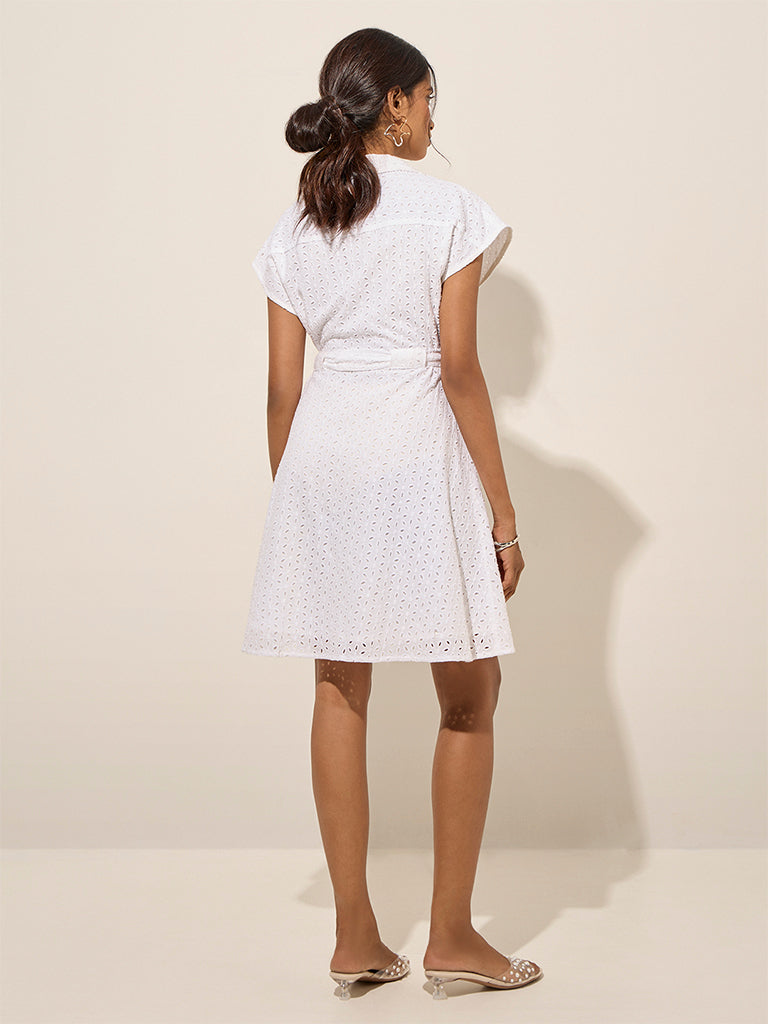 LOV White Schiffli A-Line Cotton Shirt Dress with Belt