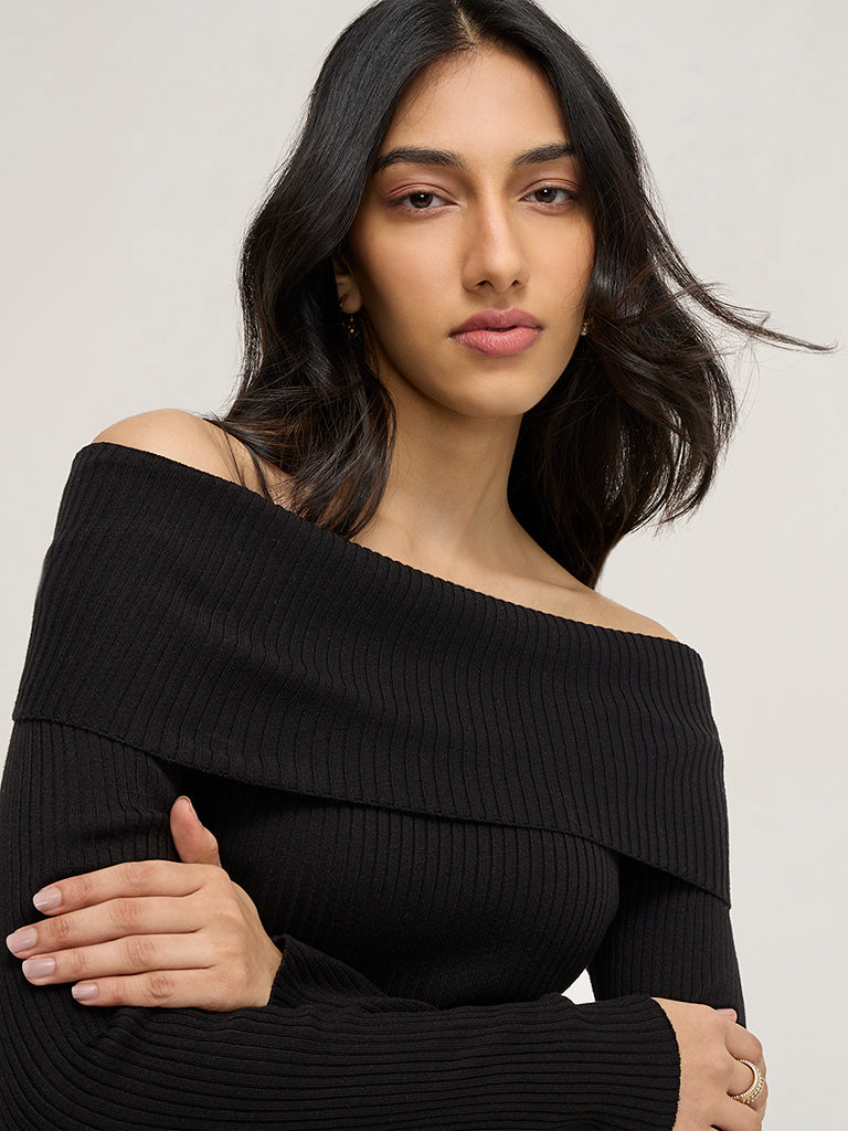 LOV Black Ribbed Textured Off-Shoulder Top