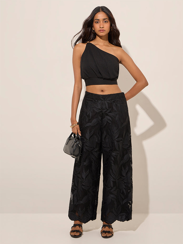 LOV Black Leaf Detailed High-Rise Lace Trousers