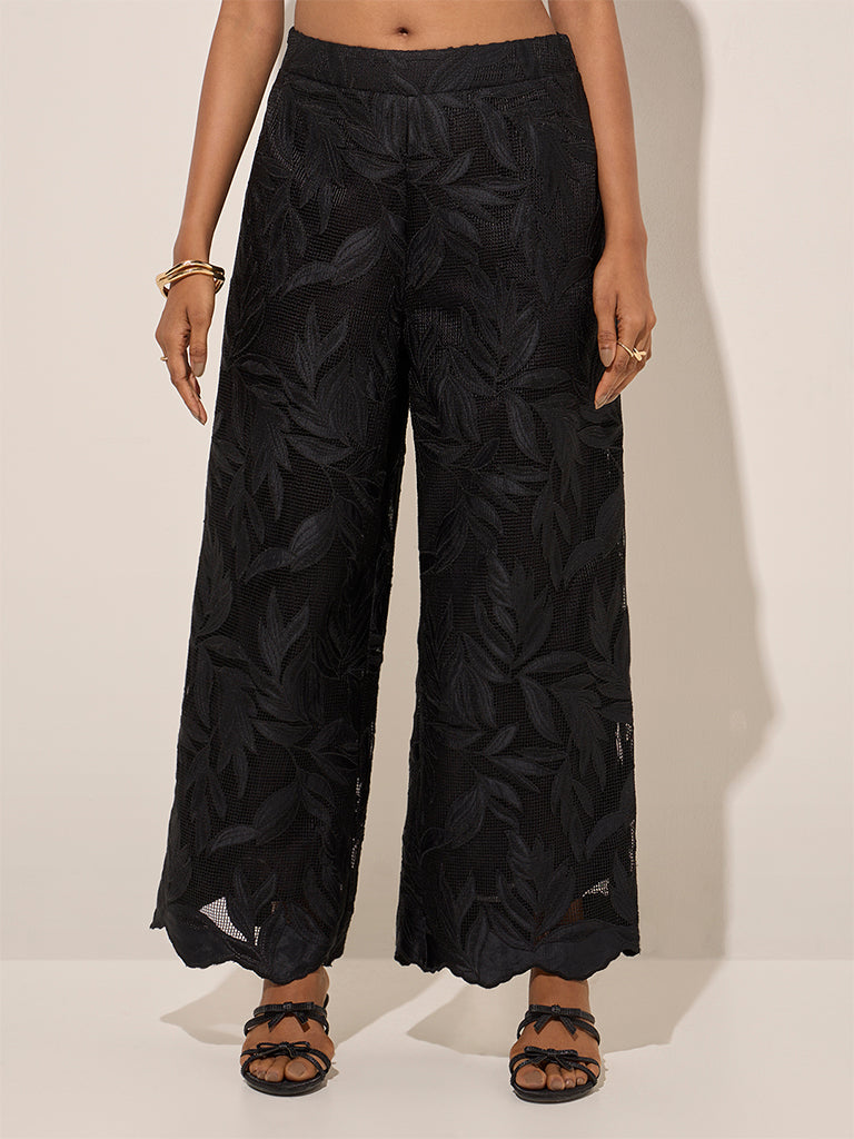 LOV Black Leaf Detailed High-Rise Lace Trousers