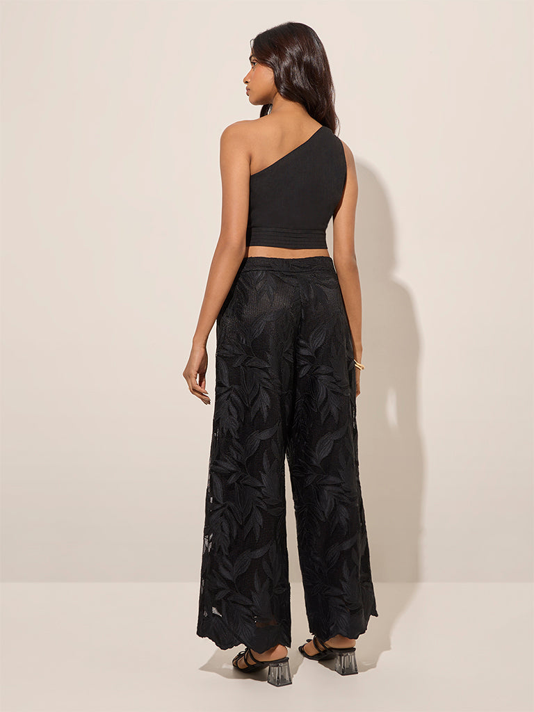 LOV Black Leaf Detailed High-Rise Lace Trousers