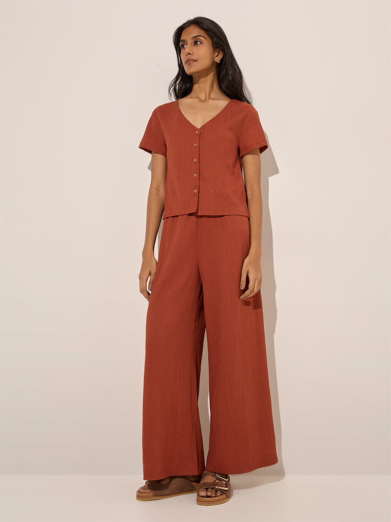 LOV Rust Textured High-Rise Cotton-Blend Pants