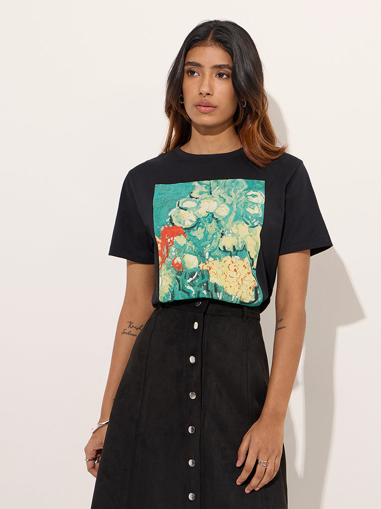 LOV Black Printed Cotton T-Shirt