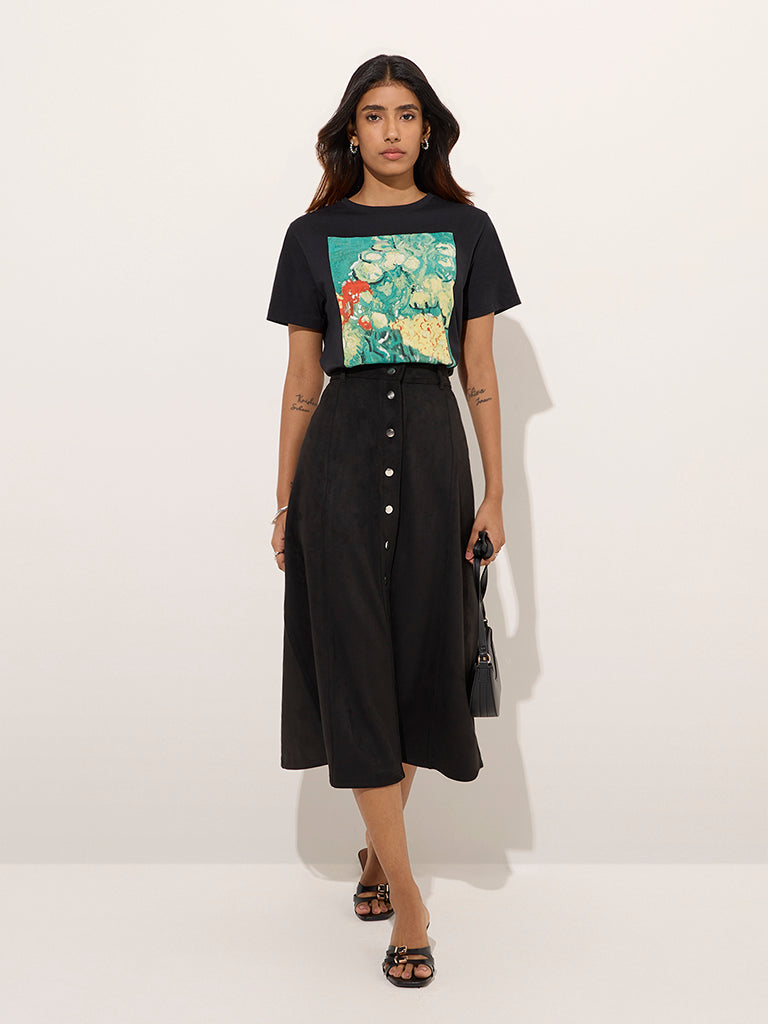 LOV Black Printed Cotton T-Shirt