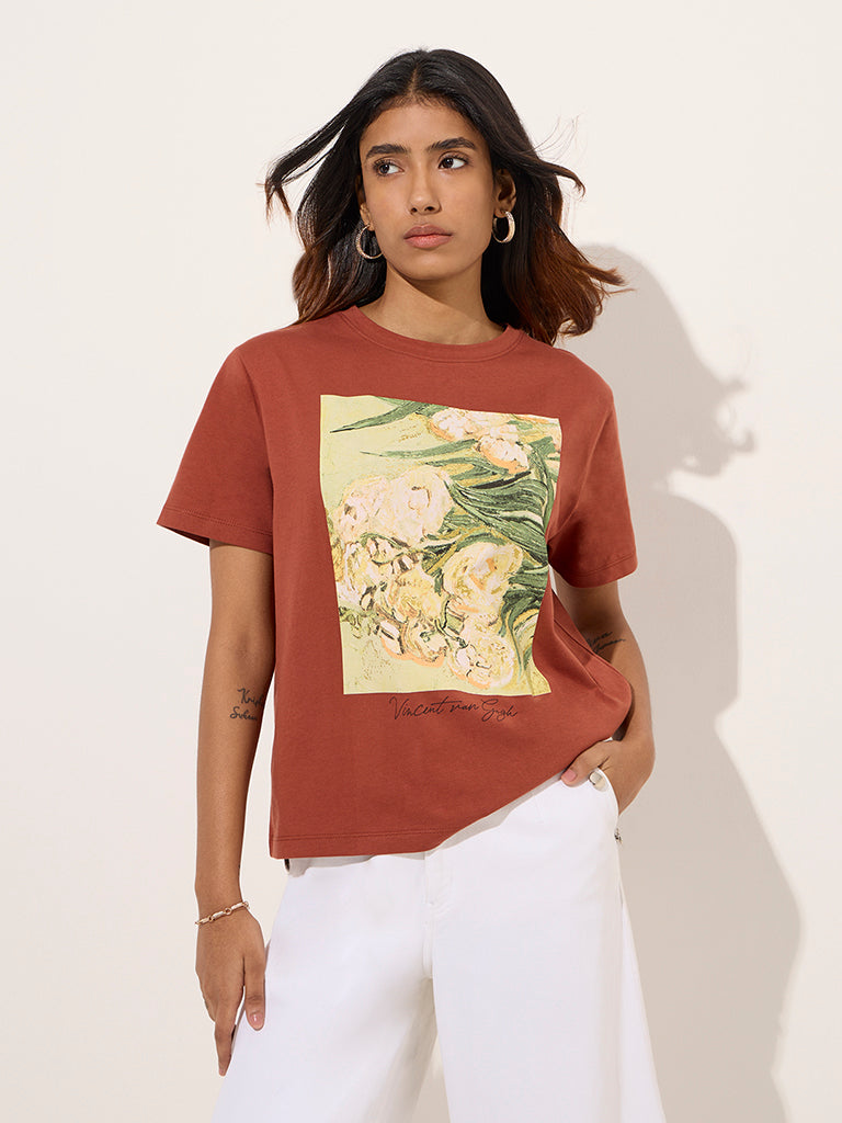 LOV Rust Printed Cotton T-Shirt