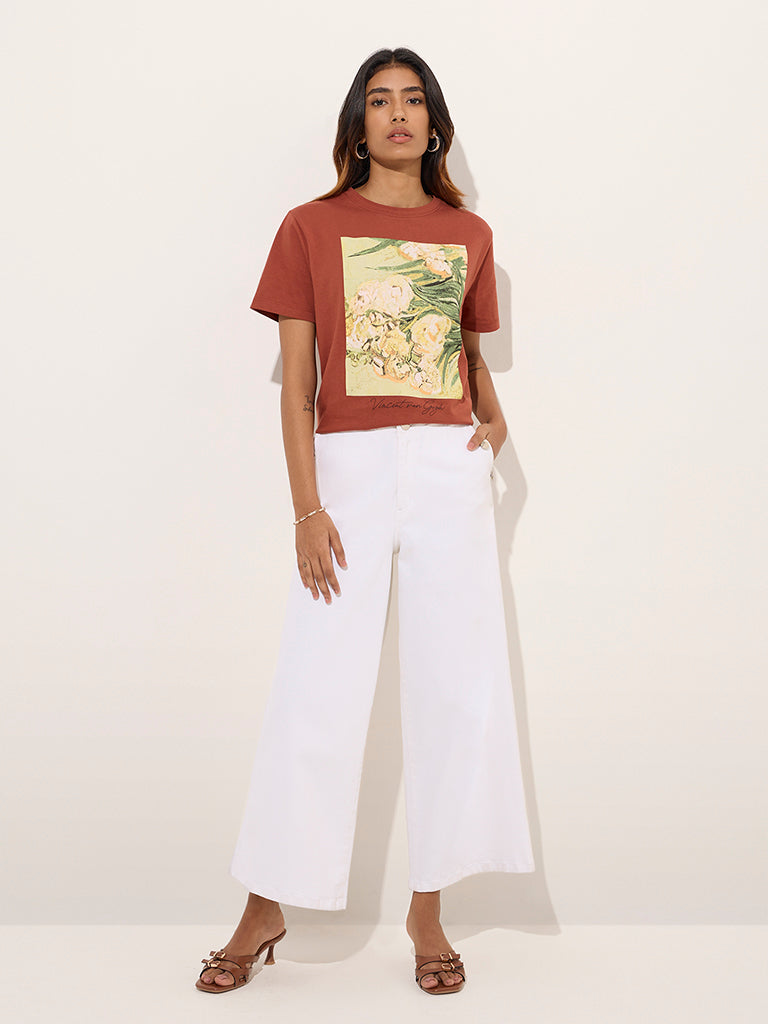 LOV Rust Printed Cotton T-Shirt