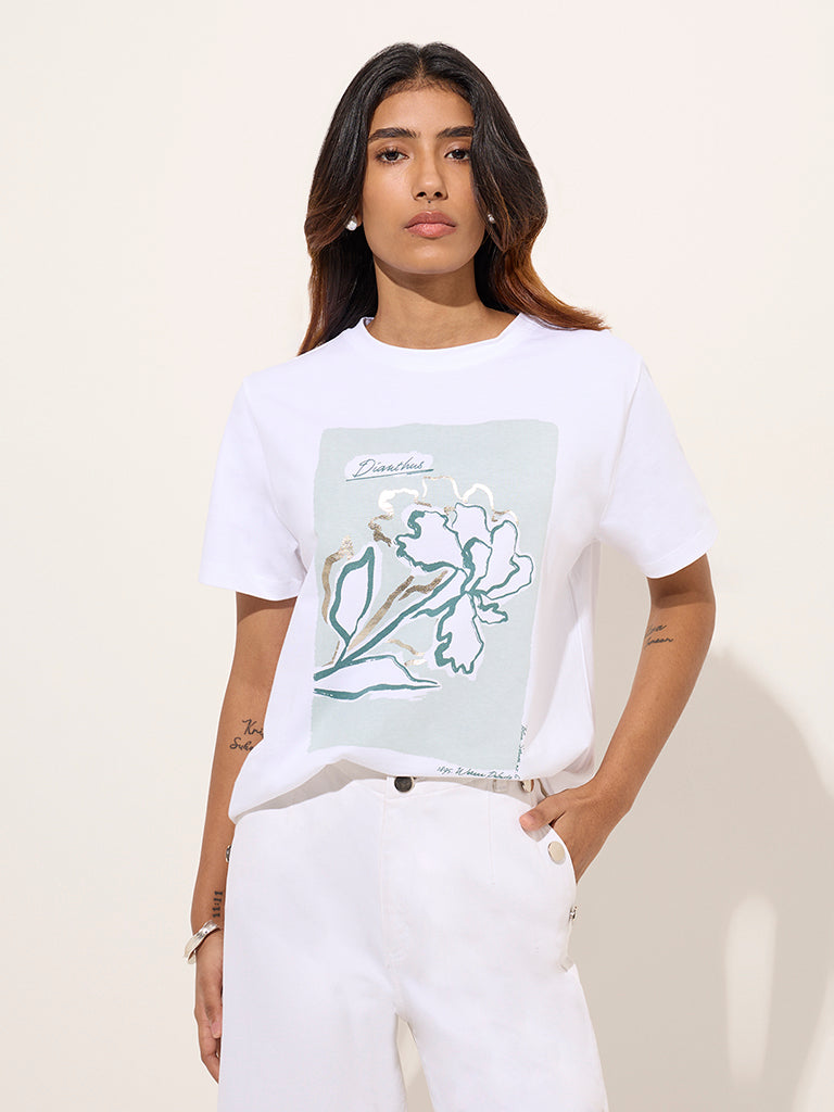 LOV White Printed Cotton T-Shirt