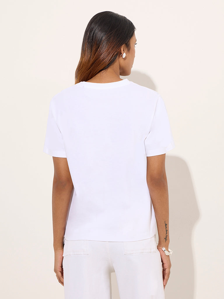 LOV White Printed Cotton T-Shirt