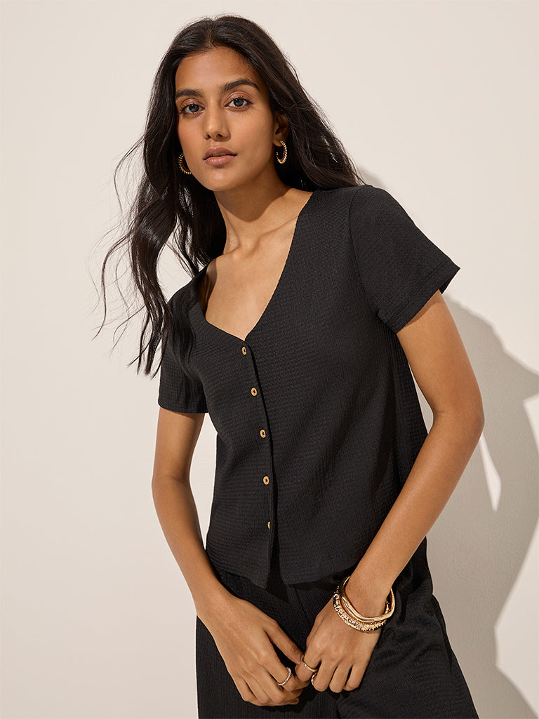 LOV Black Self-Textured Top