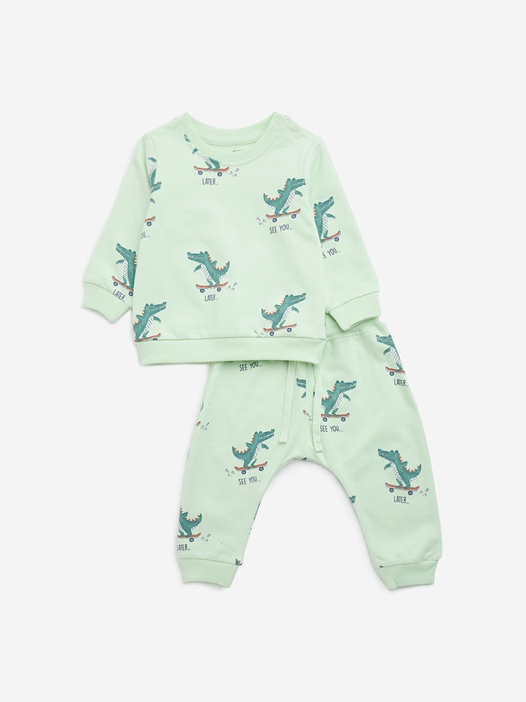 HOP Baby Sage Dinosaur Printed Cotton Sweatshirt with Joggers Set