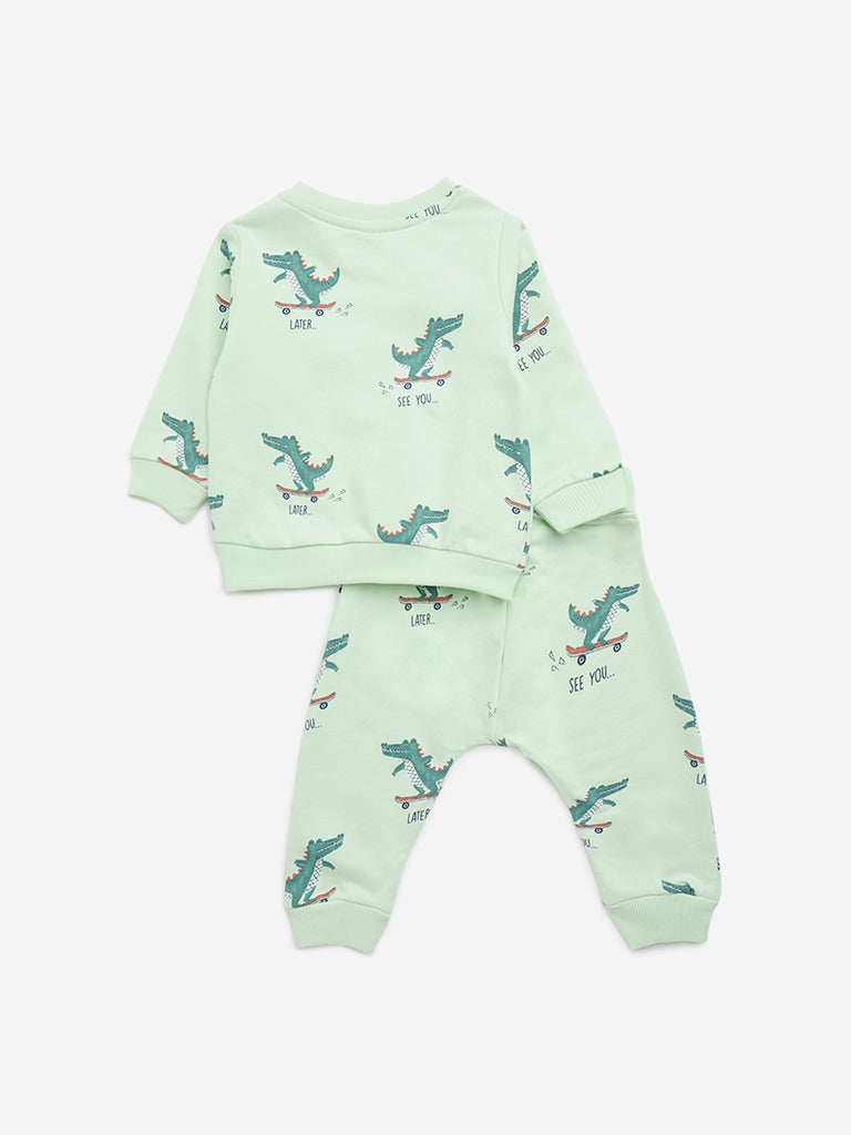 HOP Baby Sage Dinosaur Printed Cotton Sweatshirt with Joggers Set