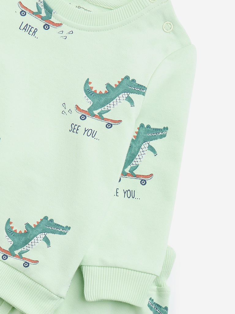 HOP Baby Sage Dinosaur Printed Cotton Sweatshirt with Joggers Set