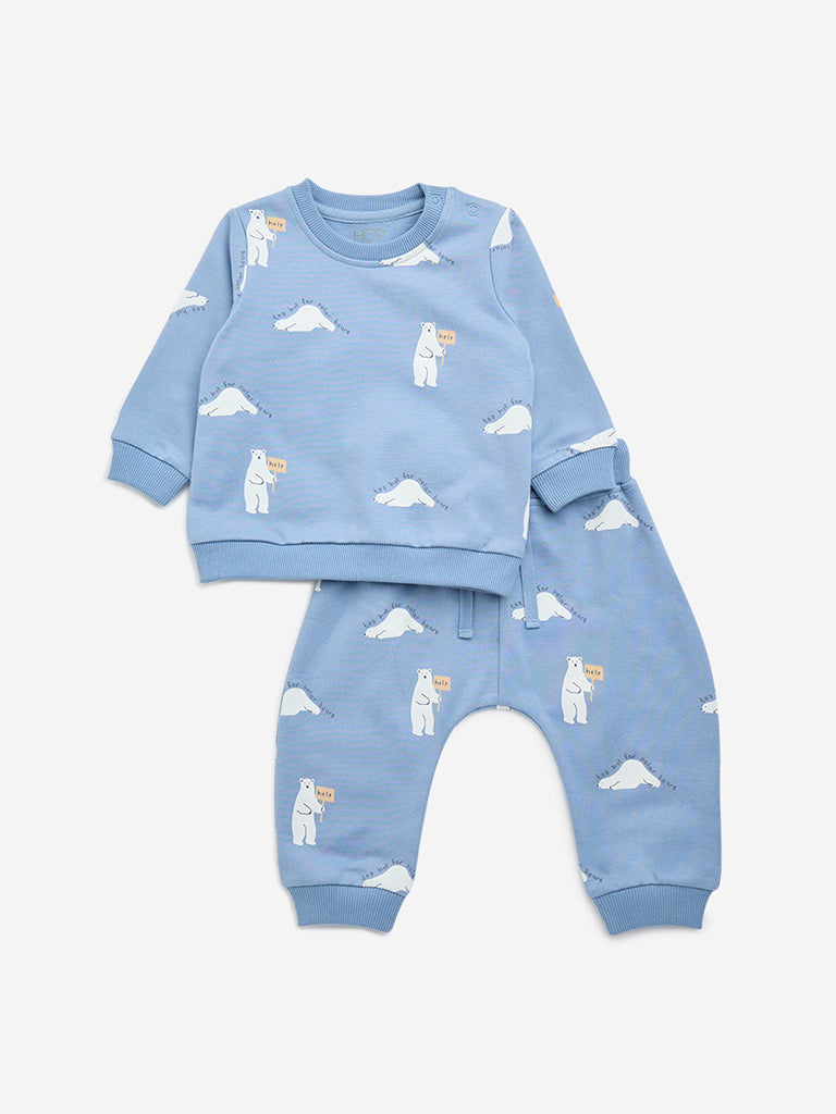 HOP Baby Blue Bear Printed Cotton Sweatshirt and Pants Set