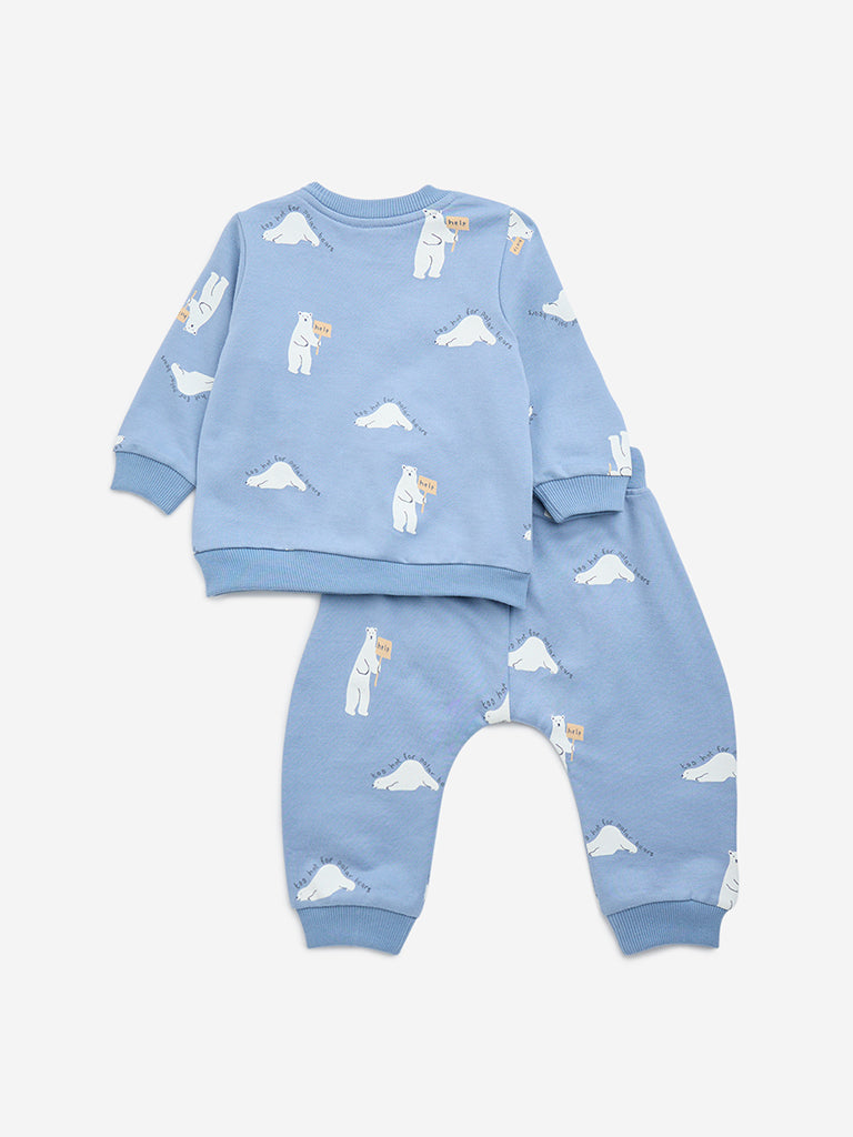 HOP Baby Blue Bear Printed Cotton Sweatshirt and Pants Set