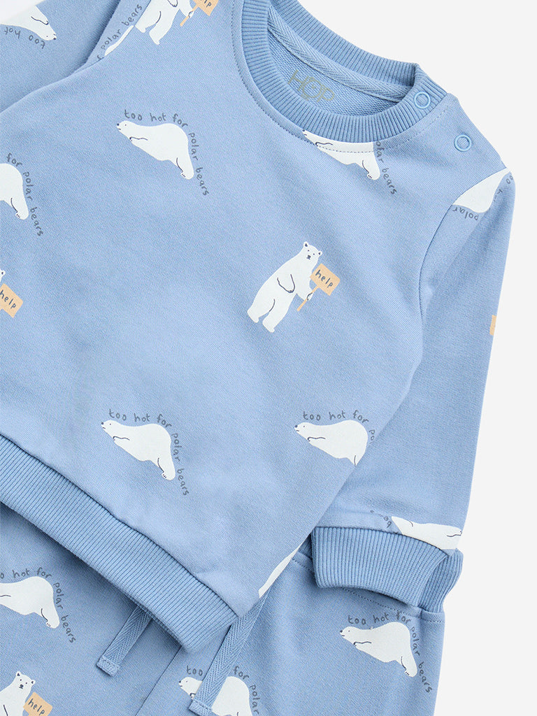 HOP Baby Blue Bear Printed Cotton Sweatshirt and Pants Set