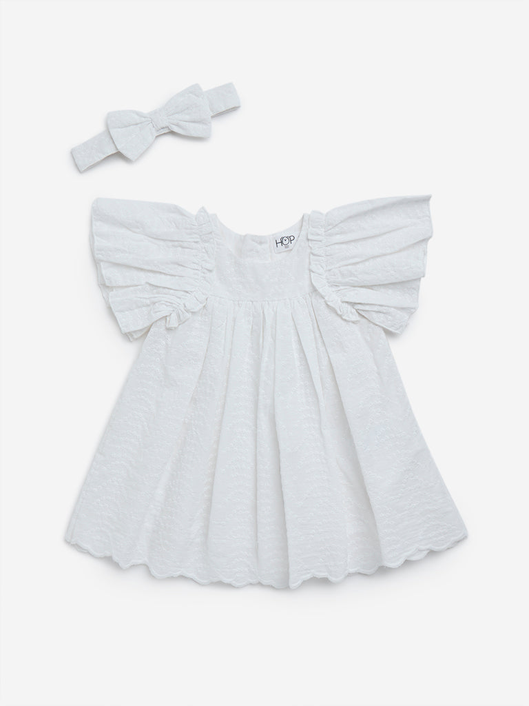 HOP Baby White Floral Embroidered A-Line Cotton Dress with Headband