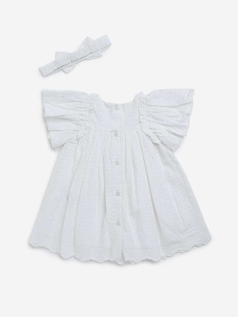 HOP Baby White Floral Embroidered A-Line Cotton Dress with Headband