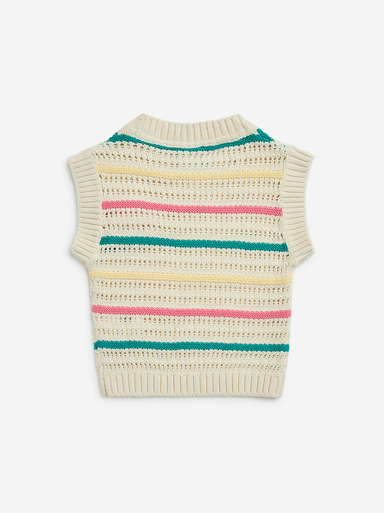 HOP Kids Multicolour Striped Crochet-Detailed Cotton Top