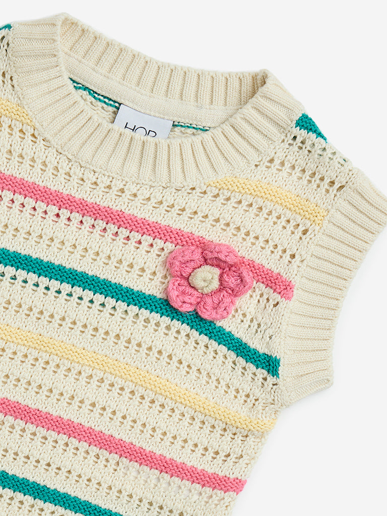 HOP Kids Multicolour Striped Crochet-Detailed Cotton Top